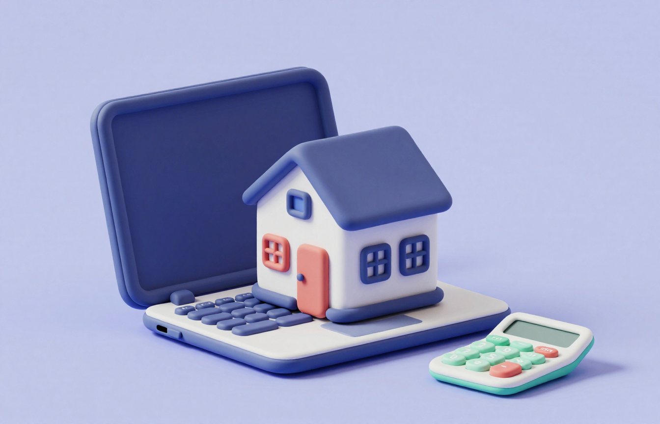 An open laptop beside a small model house and a calculator